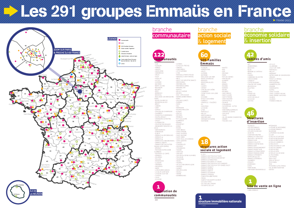 Carte des 291 groupes Emmaüs de France