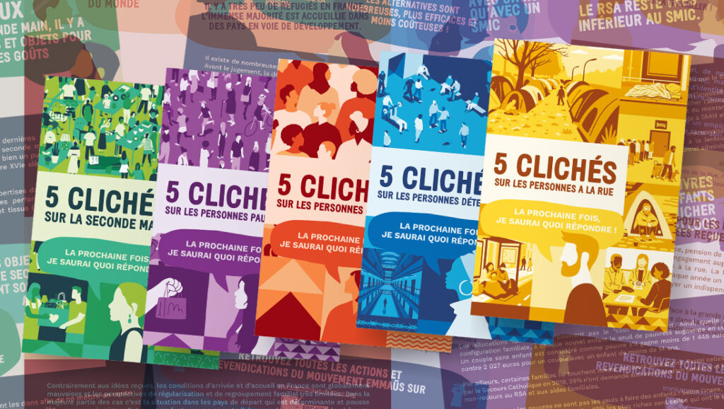 Couvertures des 5 guides pour lutter contre les préjugés d'Emmaüs France.